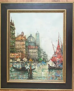 Signed Malin MCM Marine Boats Harbor Cityscape Oil Painting on Canvas - Picture 1 of 6