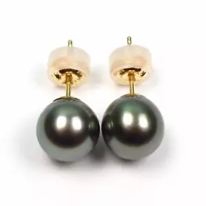 Authentic 9-10mm Tahitian Black Pearl Stud Earrings 18K Yellow or White Gold - Picture 1 of 7