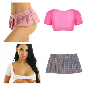 Women See-Through Crop Top mini Plaid Pleated Skirt Schoolgirl Cosplay Lingerie - Picture 1 of 46