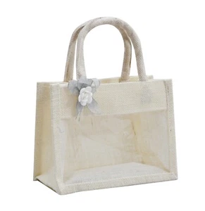 Pack 6 Jute Gift Bag With White Flower Accent for Return Gifting, wedding favors - Picture 1 of 5