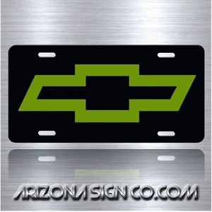 CHEVY BOWTIE Inspired Art Black and Lime Green Aluminum License Plate Tag - Imagen 1 de 5