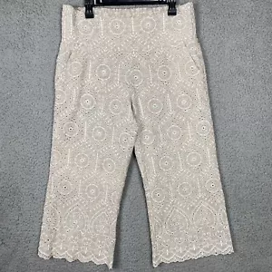 Sundance Women L Taupe Embroidered Linen Blend Crop Pants Wide Leg Elastic Waist - Picture 1 of 12