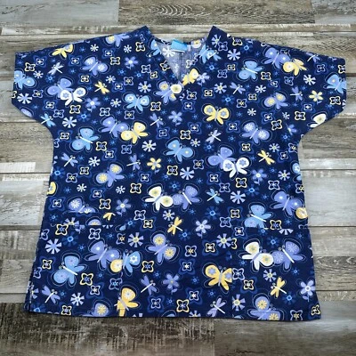 Women's unsized Scrub H.Q. Scrub Top Blue Yellow Butterfly Nurse Medical - Image 1 of 4