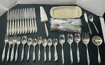 1960's 1847 Rogers Bros Magic Rose Silverplate Flatware 99pc Set 12 Settings - Image 1 of 4