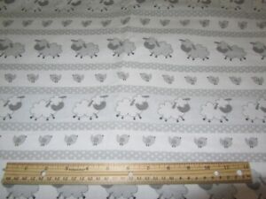 2 Yards White With Gray Sheep and Birds Flannel Fabric