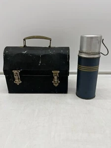 Vintage antike schwarze Metall Brotdose und blaue Aluminium Zauberer 9107 Thermoskanne USA - Bild 1 von 12