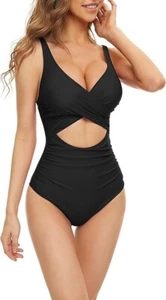 YgneeDom Women Cut Out One Piece Swimsuit Front Cross Tummy Control Slimming M - Picture 1 of 4