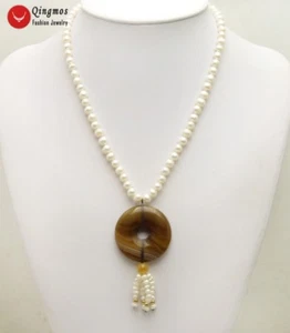 Perla blanca redonda natural y rosquillas de 40 mm Collar colgante de ágata marrón Joyería - Imagen 1 de 18