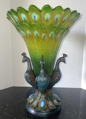 Hermoso florero escultural gran plumaje pavo real decoración artística Foto 1 de 4