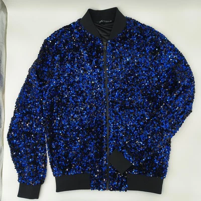 Zara Sequin Bomber Jacket S-M, Women's Sequin Blazer Coat, Blue Sweater - Image 1 of 4