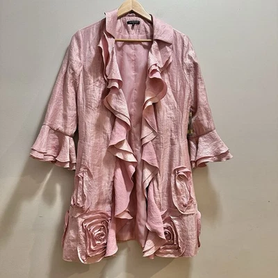 NWT Samuel Dong Women's S Pink Rose Taffeta Ruffle Formal Trench Coat *NO BELT - Image 1 of 4
