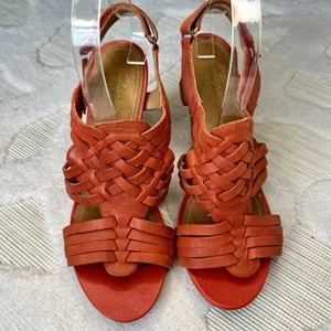 Indigo by Clark's Rosa Woven Leather Sandals Coral Red Size 8.5 M Wood Heels - Picture 1 of 23