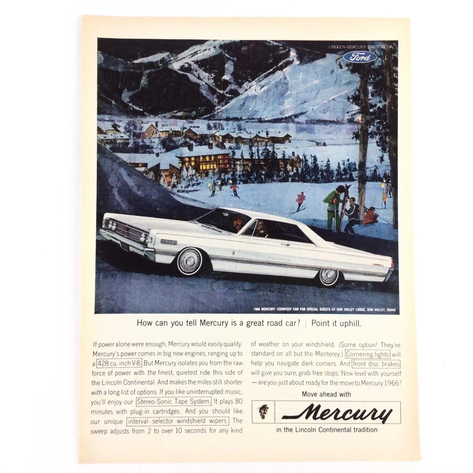 Ford Mercury VINTAGE 1960s PRINT AD White Sun Valley Ski Lodge Idaho Skiers Foto 1 de 1