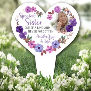 Heart Sister One Of Kind Flower Photo Purple Grave Garden Plaque Memorial Stake - Picture 1 of 1