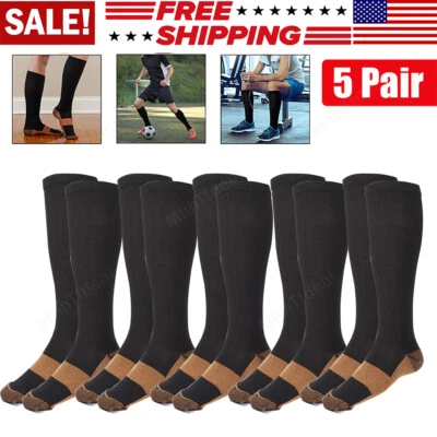 5 Pairs Copper Compression Socks 20-30mmHg Graduated Support Mens Womens S-XXL - Image 1 of 4