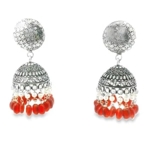 Gehna Jaipur Pearl & Red Onyx Color Stone Jhumki Style Earrings Silver Plated F - Picture 1 of 4