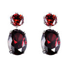 Women 925 Silver Oval Cubic Zirconia Red Crystal Stud Drop Earrings for Wedding