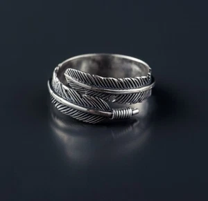Antique Style Punk Unisex Silver Feather Adjustable Band Ring - Picture 1 of 2