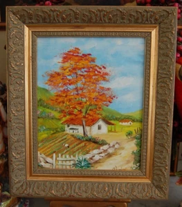 DE COLECCIÓN ENMARCADO ÓLEO ROJO FRAMBOYAN & FARM UN ARTISTA DE ESCENA COUNTRY CUBANO: M. HOWLAND - Imagen 1 de 24