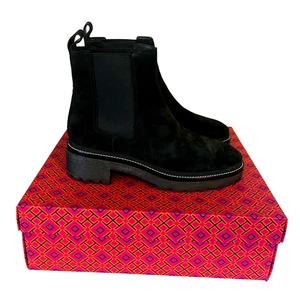 New In Box TORY BURCH Chelsea Lug Sole 50mm Bootie Perfect Black Suede Size 9.5 - Picture 1 of 14