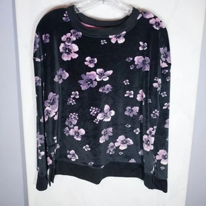 Vera Wang Simply Vera Pajama Top S Black Velour Floral Buttery Soft Oversized - Picture 1 of 8