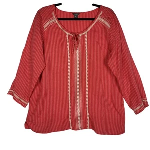 Eddie Bauer Linen Top Women's Large Coral Embroidered Boho Beachy Striped - Picture 1 of 8