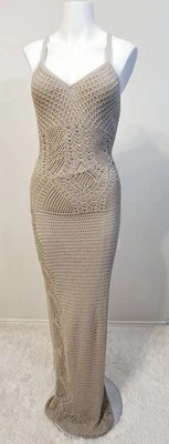 EXQUISITE!! Robbi Nikki Taupe Crochet Halter Maxi Dress Gown Size Medium M  - Image 1 of 4