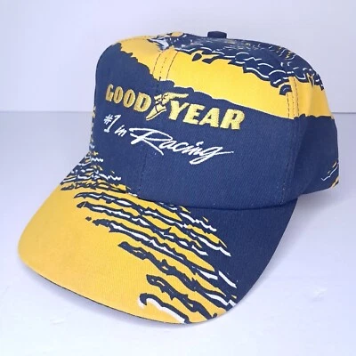 Gorra Goodyear vintage "#1 en carreras" amarilla azul salpicadura AOP espalda a presión Foto 1 de 4
