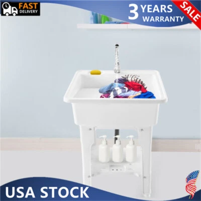 Utility Sink Laundry Tub Wash Bowl Basin Hot &Cold Faucet Washboard Freestanding - Image 1 of 4