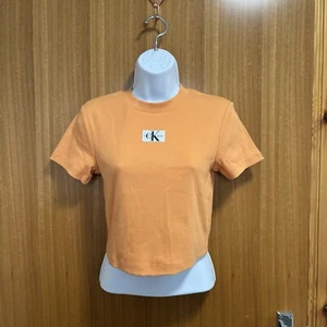 Calvin Klein Jeans Top Women’s Size XS Orange Badge Rib Short Sleeve Cropped - Picture 1 of 14