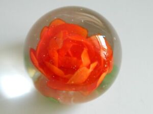Vintage Murano Glass Hand Made Red Orange Rose Flower Paperweight Paper Sticker