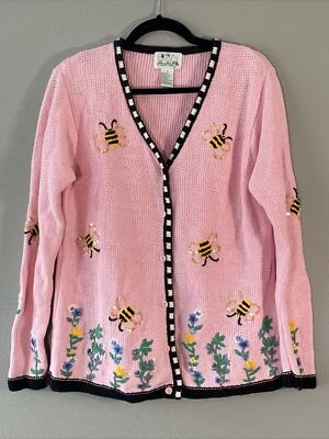 Quacker Factory Cardigan SZ M May Day Spring Bees Flowers Pink Mothers Day - Image 1 of 4