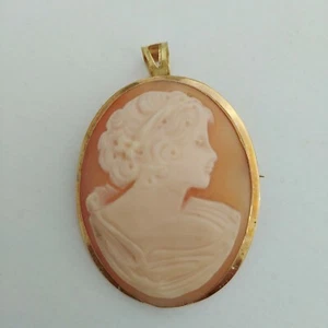 Vintage Hand Carved SHELL CAMEO PENDANT, BROOCH whit yellow Gold 18k - Picture 1 of 9