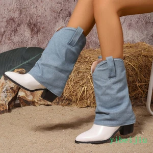 Botas de mezclilla para mujer de cuero a media pantorrilla zapatos de vaquero occidentales de tacón cubano dama - Imagen 1 de 16