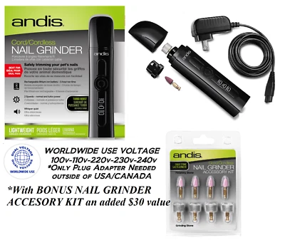 KIT DE ACCESORIOS Y BONIFICACIÓN ANDIS LI ION CON CABLE/AMOLADORA DE UÑAS INALÁMBRICA PARA MASCOTAS Perro Gato Acicalamiento Foto 1 de 4