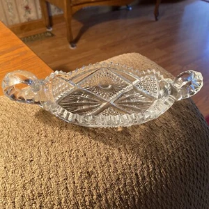 VINTAGE OVAL PRESSED GLASS DISH WITH HANDLES & SAW EDGE 9” Long - Picture 1 of 7