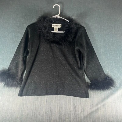Suéter Joseph A para mujer talla M negro seda imitación piel ribete punto apretado pulóver Foto 1 de 4