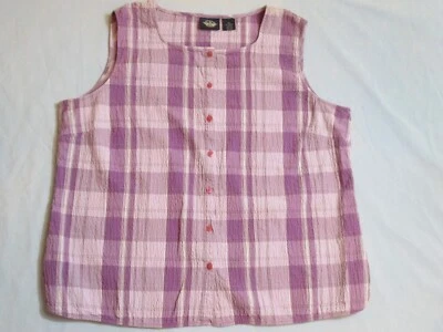 Regata Dockers feminina roxa branca xadrez sem mangas botão enrugado frontal GG - Imagem 1 de 4