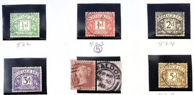 Great Britain - Postage Due Stamps - Set of 5 - Plus 2x QV 1d Red 1d Lilac (5) - Image 1 of 2