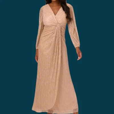 Vestido drapeado de malla arrugada metálica para mujer Adrianna Papell talla 18 dorado RN#59782 Foto 1 de 4