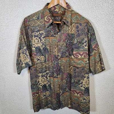Tori Richard Cotton Lawn Mens Large Brown Geometric Button Up Made in USA - Image 1 of 4