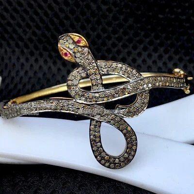 Stunning 1.51ct Rose Cut Diamond Ruby Silver Vintage Style Snake Bangle Bracelet - Image 1 of 3