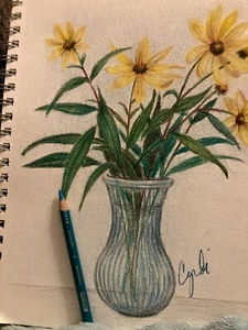 original colored pencil drawing yelllow daisy flowers - Picture 1 of 3