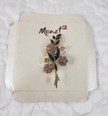 (Ju) Vintage Monet 2 Floral Rhinestone Pin Brooch w Enamel Leaves & Gold Tone - Image 1 of 4