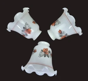 Vintage Set of 3 Glass Shades Milk Glass Ruffled Edge Floral chandelier/fan - Picture 1 of 10