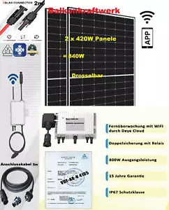 Balkonkraftwerk 840/800 W Solaranlage Steckerfertig WIFI Smart Full Black - Bild 1 von 11