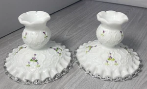 Vintage Fenton 2 Candle Sticks Holder Violets in the Snow Silver Crest - Picture 1 of 24