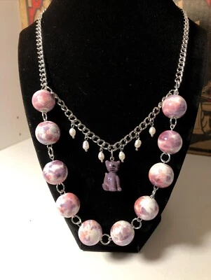 Collar colgante de vidrio púrpura para gatito con bolas de cerámica remolino + perlas pequeñas Foto 1 de 4