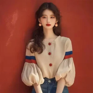 Chiffon Vintage New Patchwork Korean Clothing Shirt Top Fashion Women Blouses - Picture 1 of 8