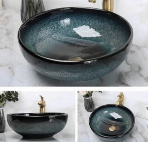 Lavello lavabo da bagno in ceramica effetto pietra cristallo nero vintage - Foto 1 di 21